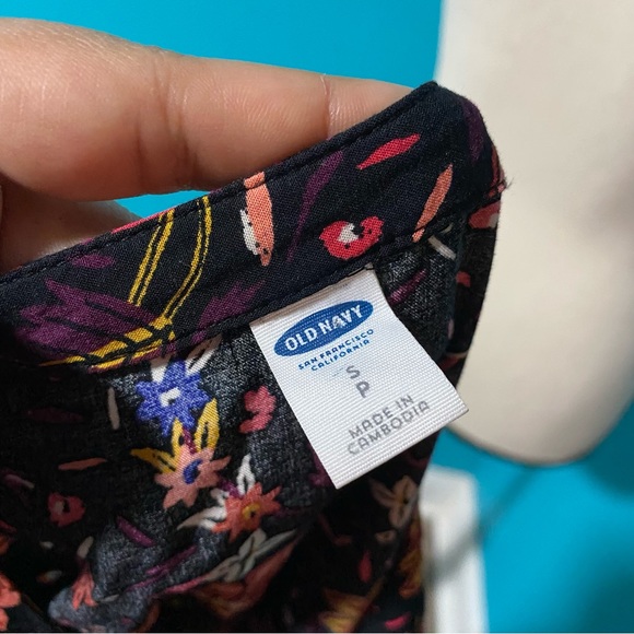 Old Navy S Black Dark Floral Multicolor Babydoll Tie Neck Mini Dress Pleated - Picture 5 of 5